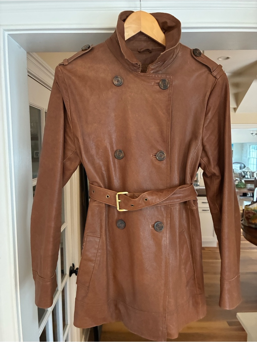 Vintage Michael Kors Women's Brown Double-Breasted Leather Trench Coat with Belt